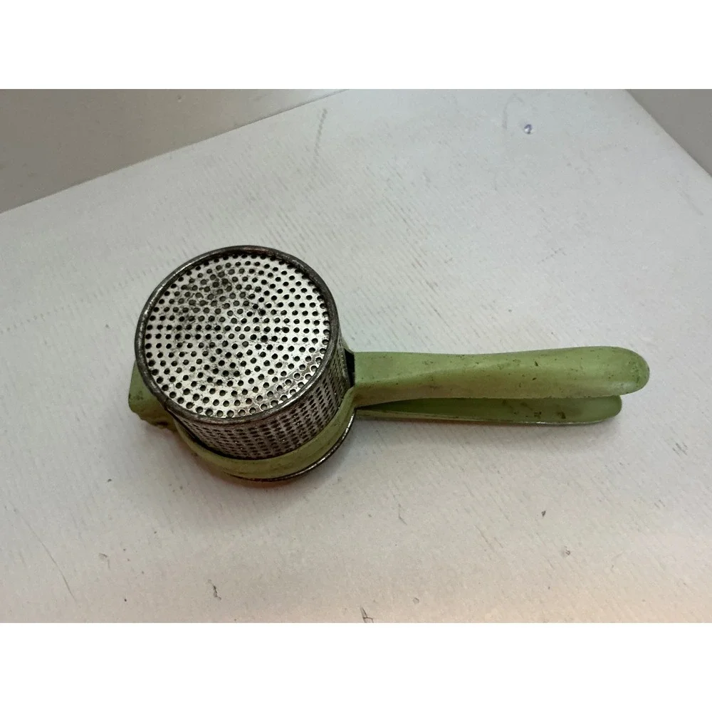 Vintage Potato Ricer Green Metal Hand Press Fruit Masher Farmhouse